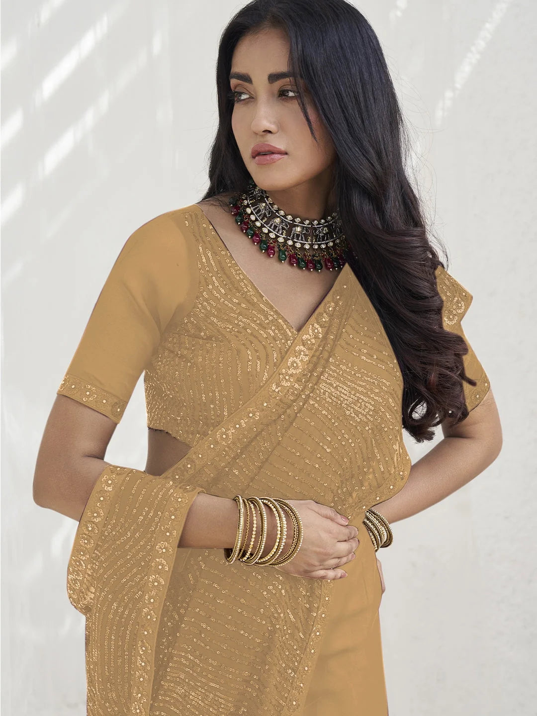 Beige Paisley Polyester Saree | Designer Sarees India