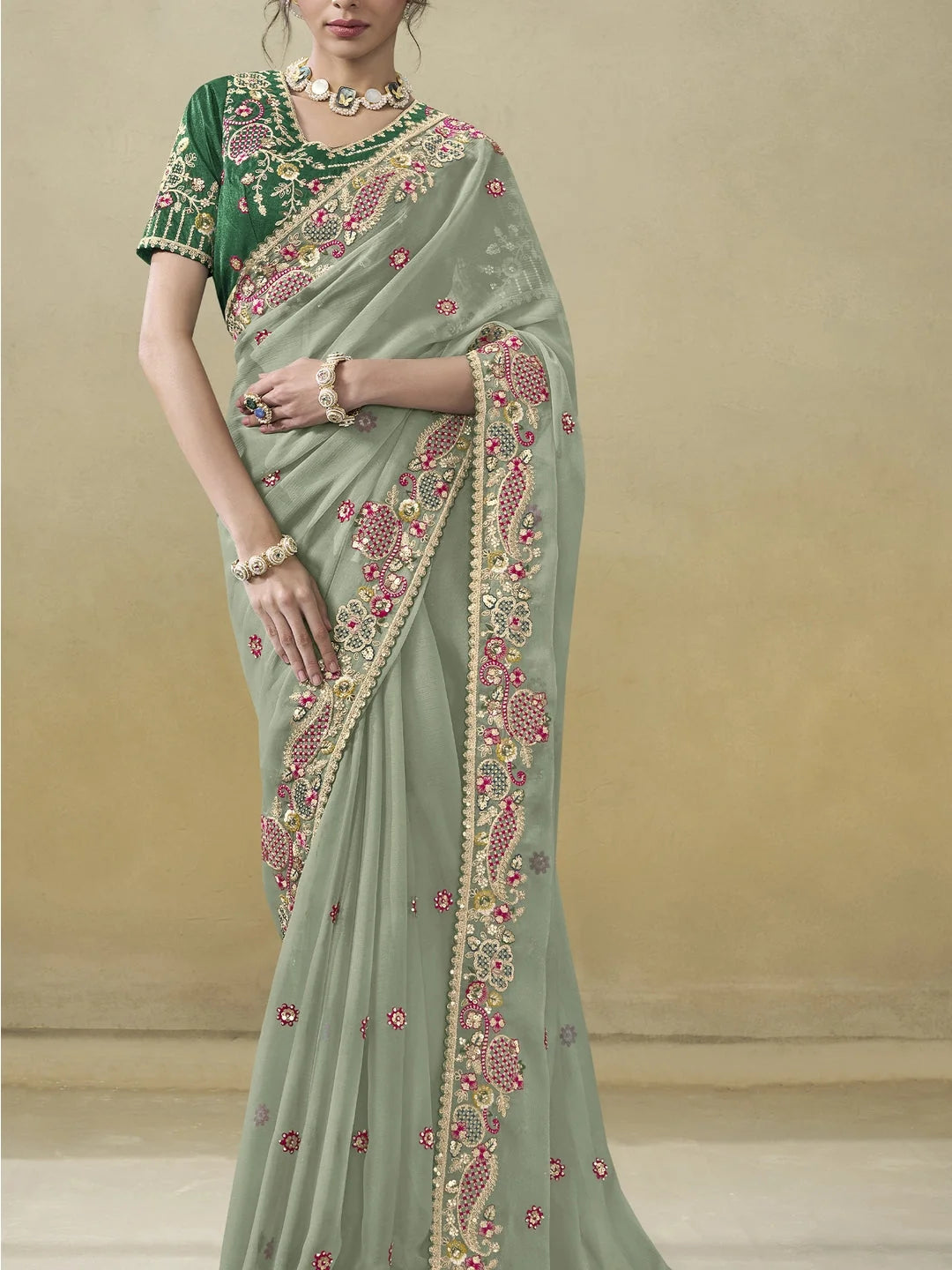 Green Paisley Polyester Saree | Indian Sari with Ethnic Elegance
