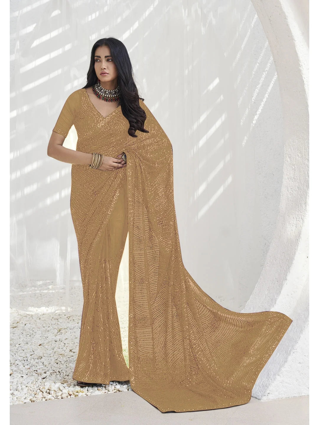 Beige Paisley Polyester Saree | Designer Sarees India