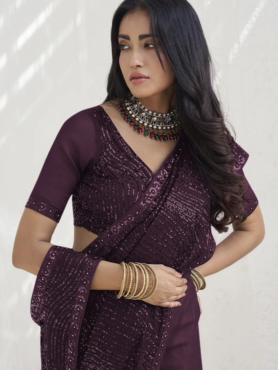 Maroon Paisley Polyester Saree | Banarasi Inspired Style