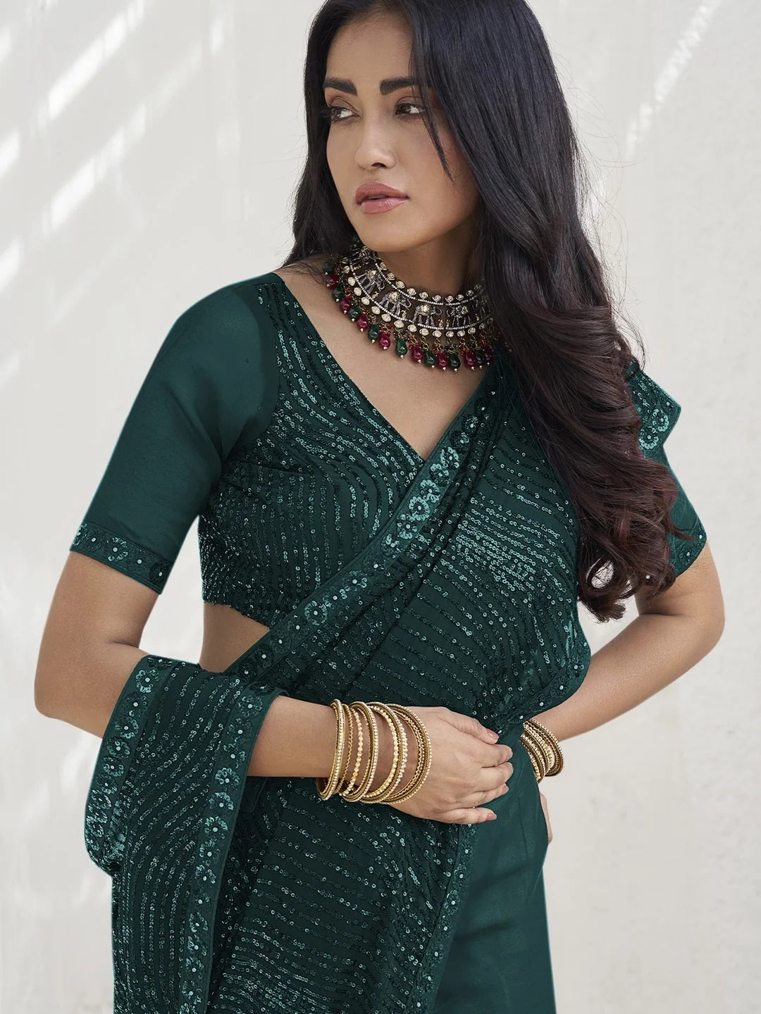 Green Paisley Polyester Saree | Indian Sarees for Women