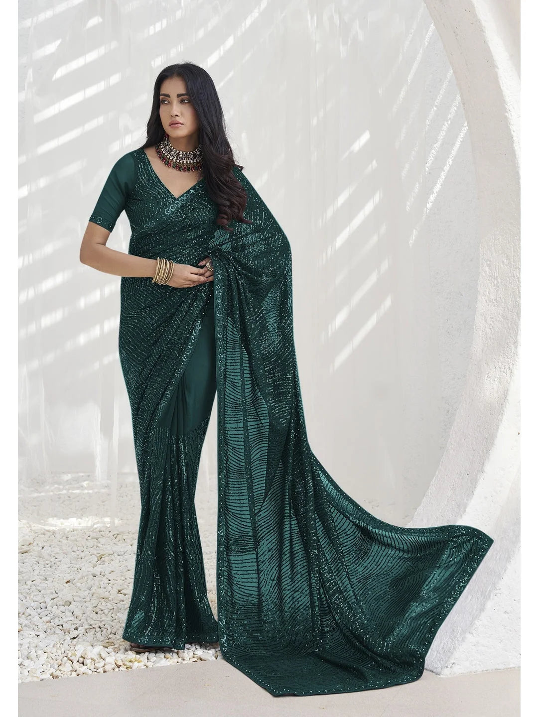 Green Paisley Polyester Saree | Indian Sarees for Women
