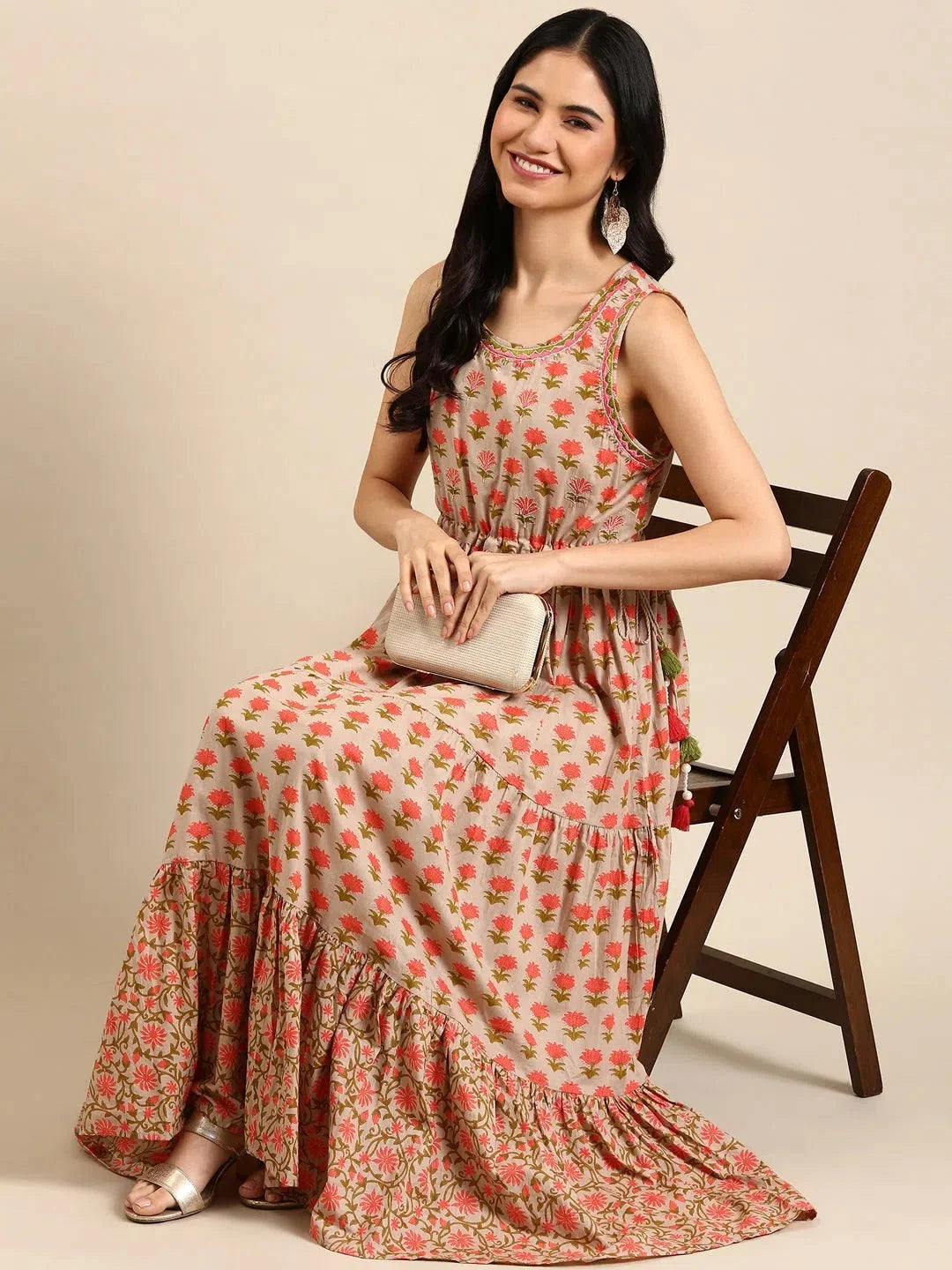 Beige Printed Cotton Anarkali Kurta | DesiQlo Online