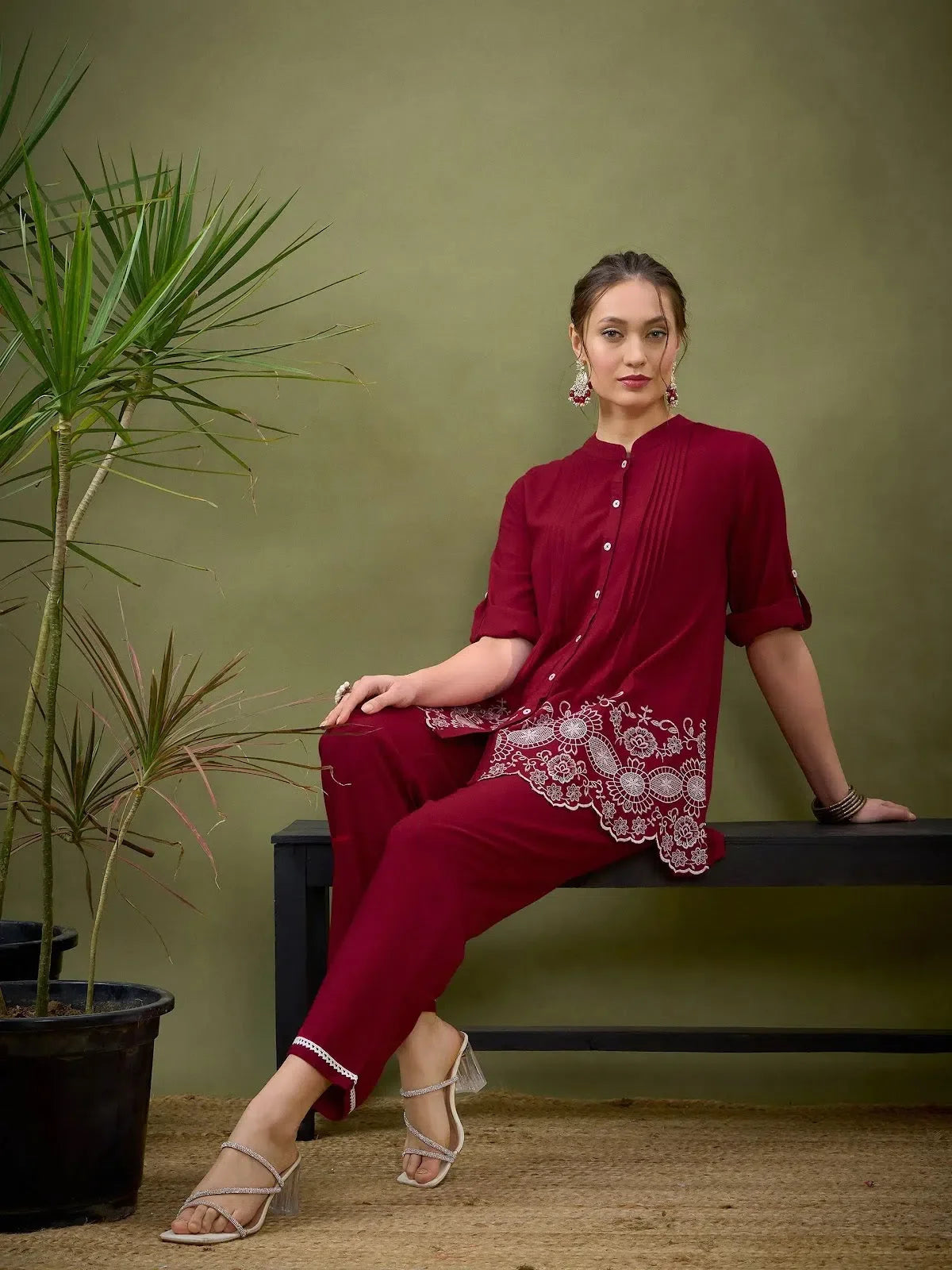 Maroon Embroidered Indian Suit Set with Palazzos | Women