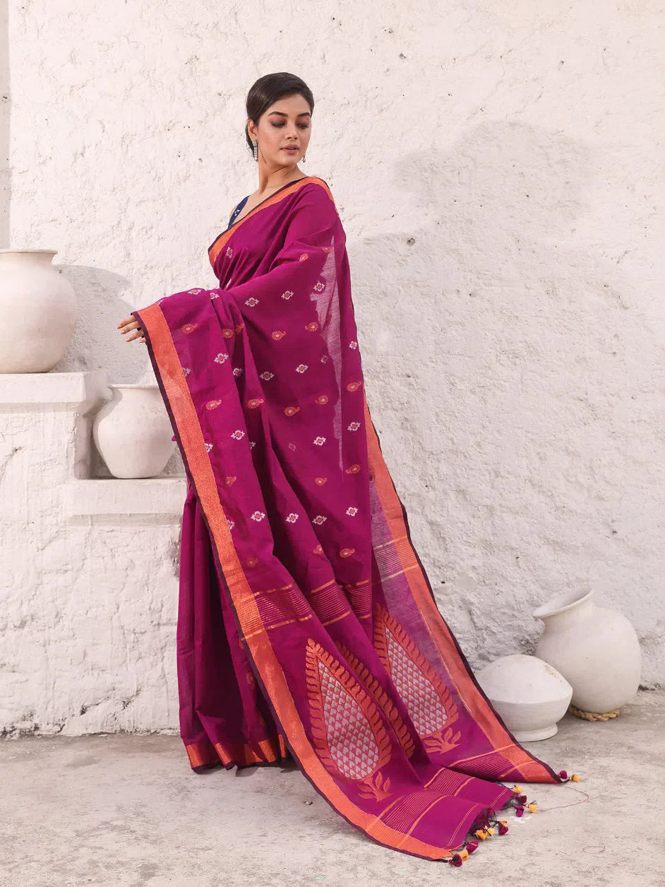 Purple Cotton Saree With Woven Designs And Zari Border-MA54BCT041380042