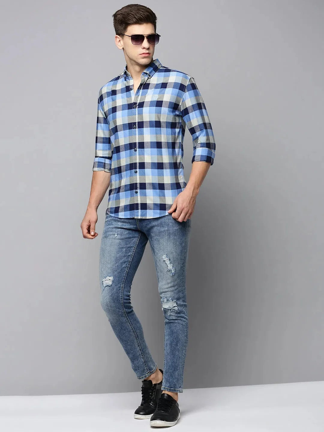 Trending Blue Checked Mens Shirt - Cotton Casual Shirt | DesiQlo