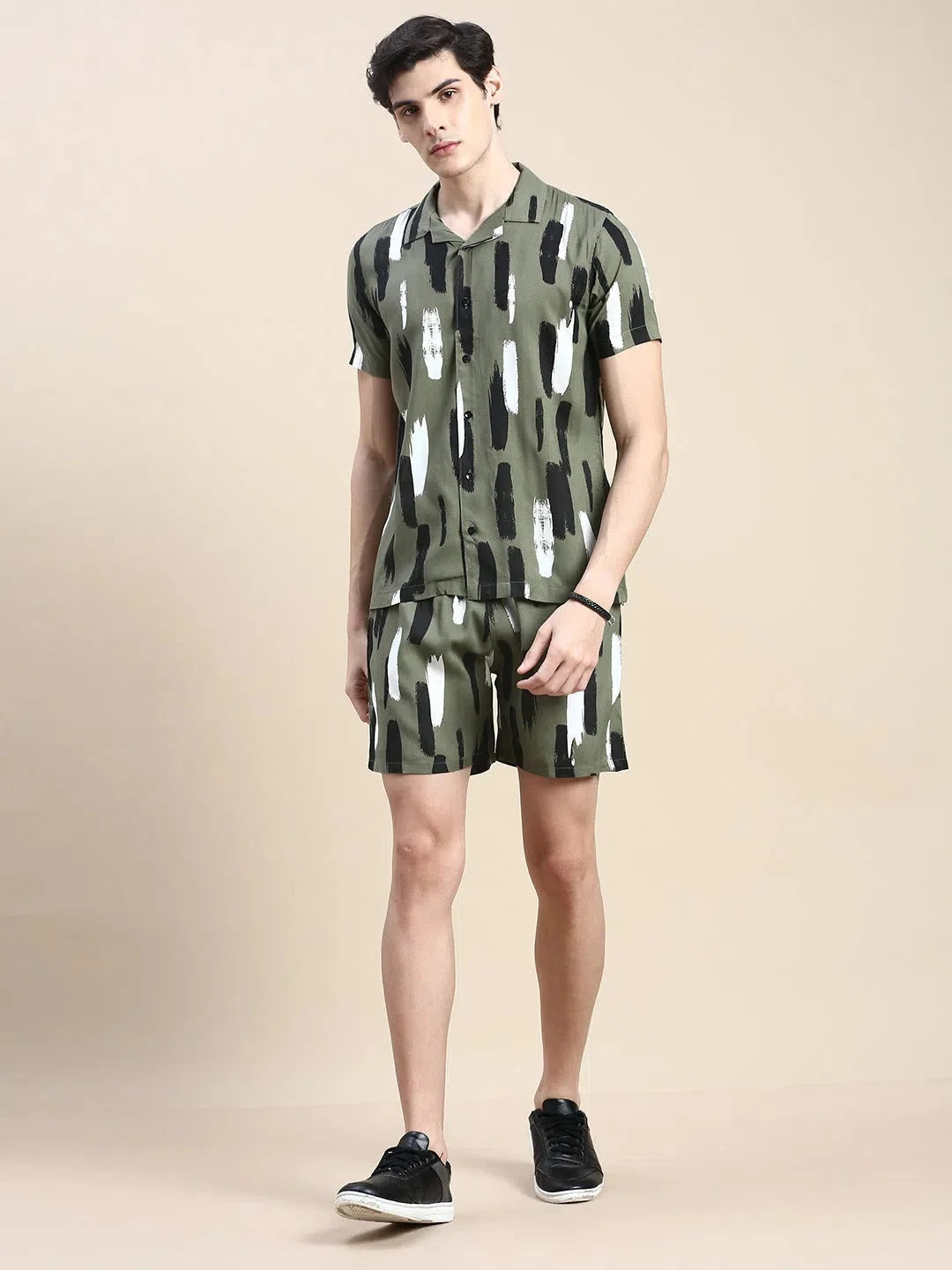 Men's Olive Printed Casual Co ord Sets | Cotton Two Piece Sets