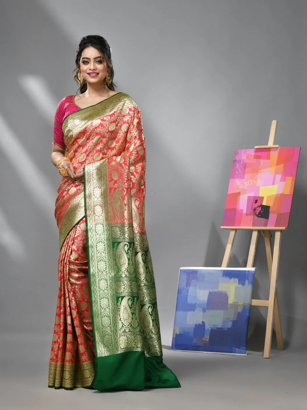 Watermelon Pink Silk Banarasi Saree With Zari Woven Floral And Paisley Designs-MA52BSL441050015