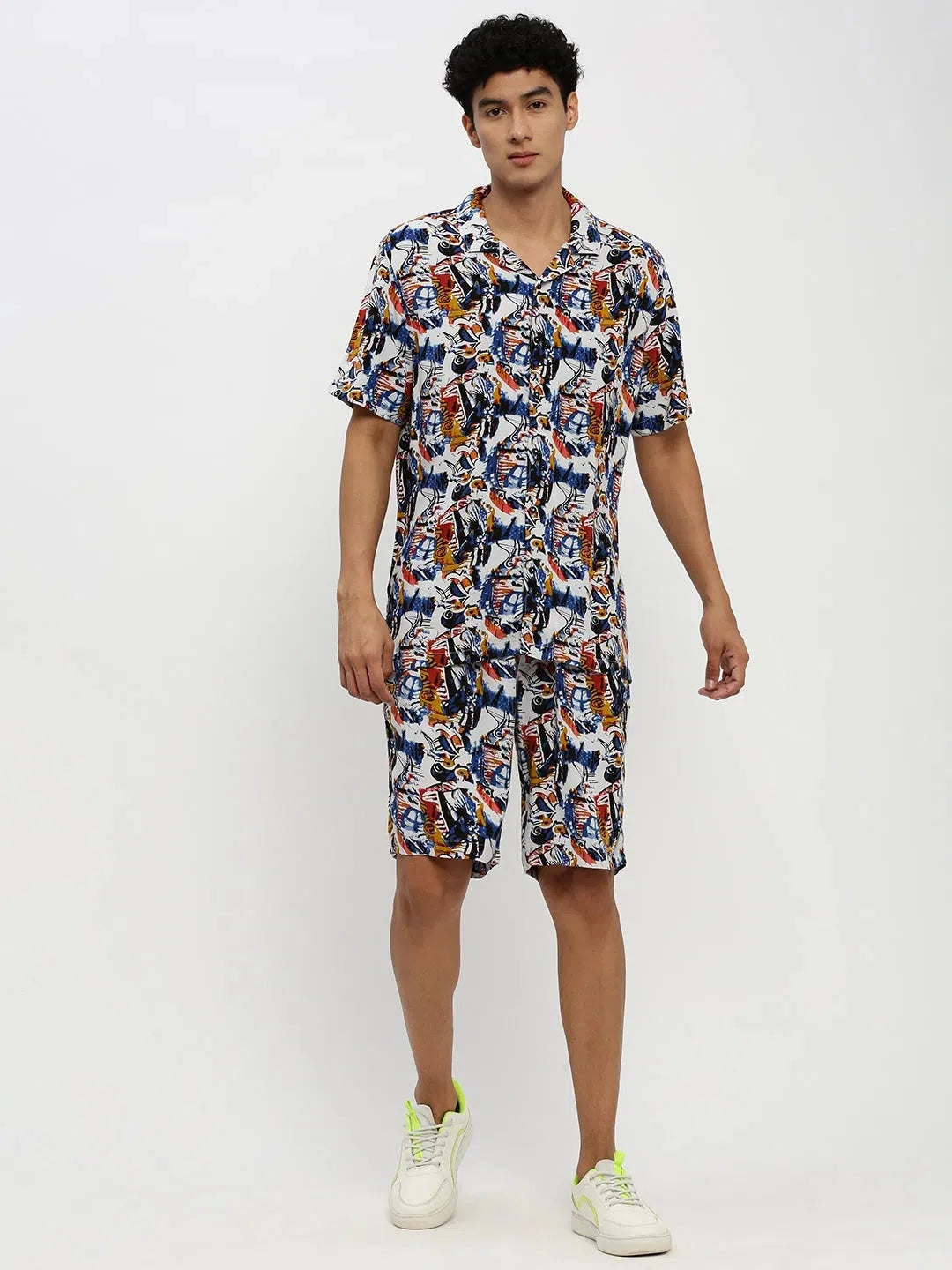 White Printed Mens Two Piece Sets - Cotton Co ord Sets for Men