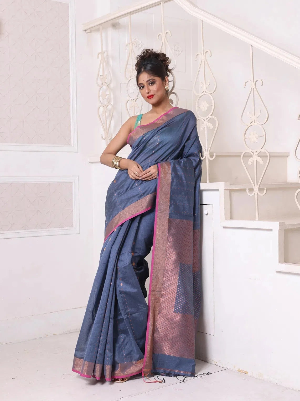 Grey Cotton Saree with Zari - Designer Sarees India