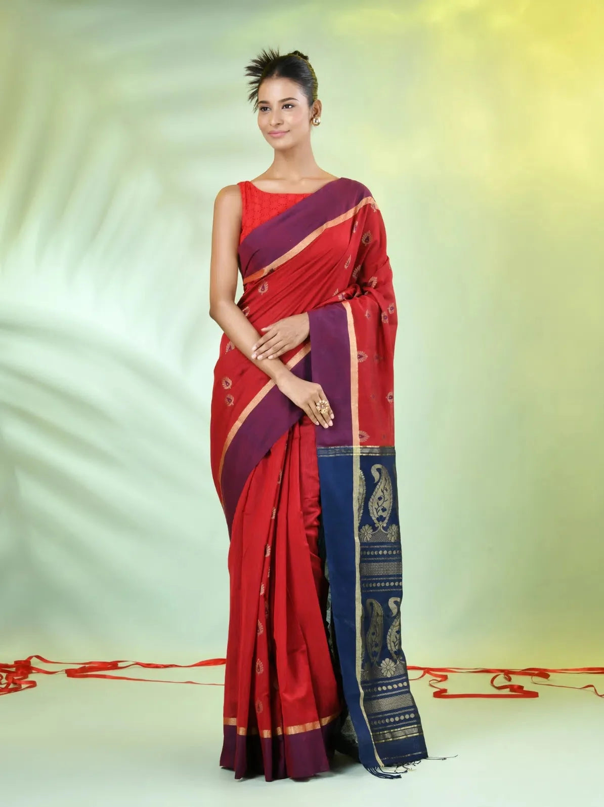 Red Cotton Ethnic Motif Saree | Designer Sarees India