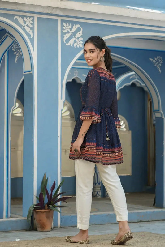Indigo Geometric Printed Georgette Peplum Tunic With Tassels 1040