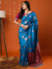 Women's  Blend Blue Woven Design Designer Saree With Blouse Piece-17PAKHI1804