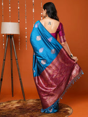 Women's  Blend Blue Woven Design Designer Saree With Blouse Piece-17PAKHI1804