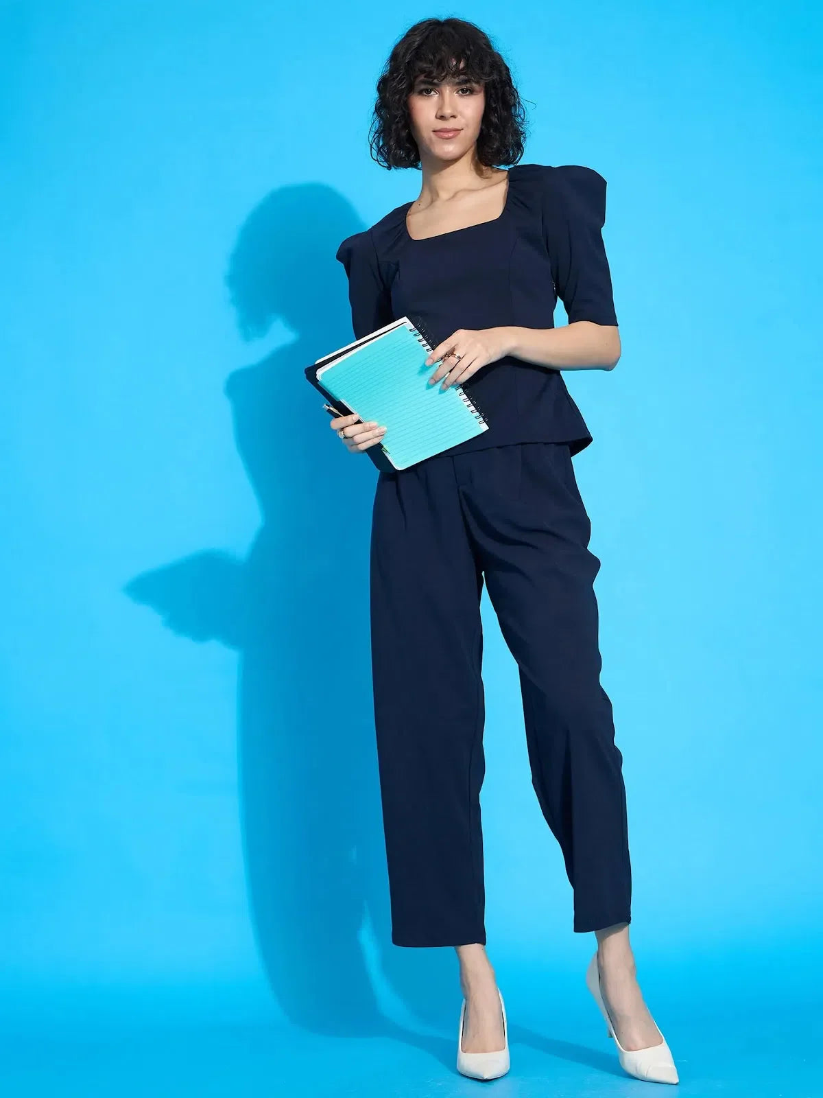 Navy Square Neck Co Ord Sets - Puff Sleeve Two Piece Sets
