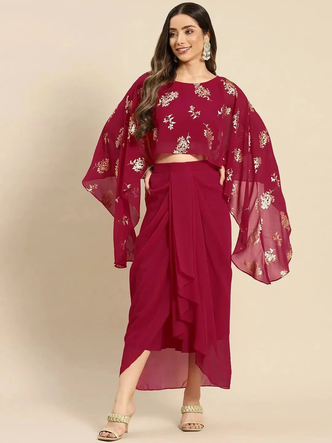 Magenta Cape Top with Draped Skirt - Wedding Lehenga Style