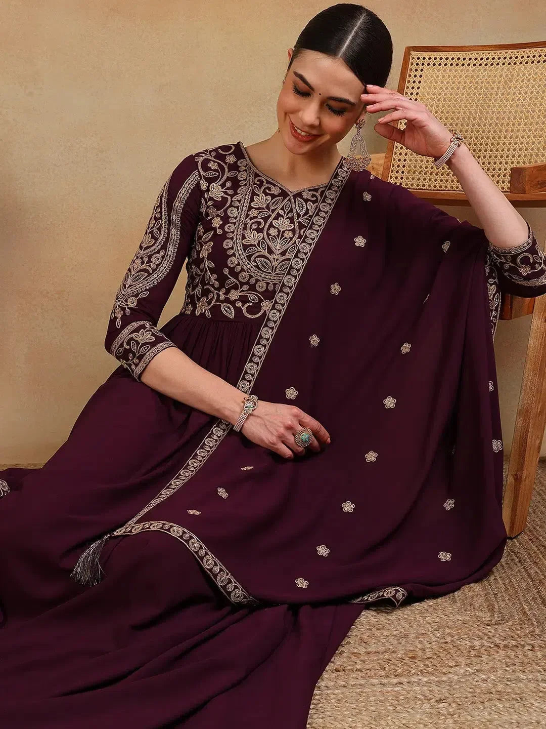 Maroon Embroidered Anarkali Kurta Dupatta Set - Georgette