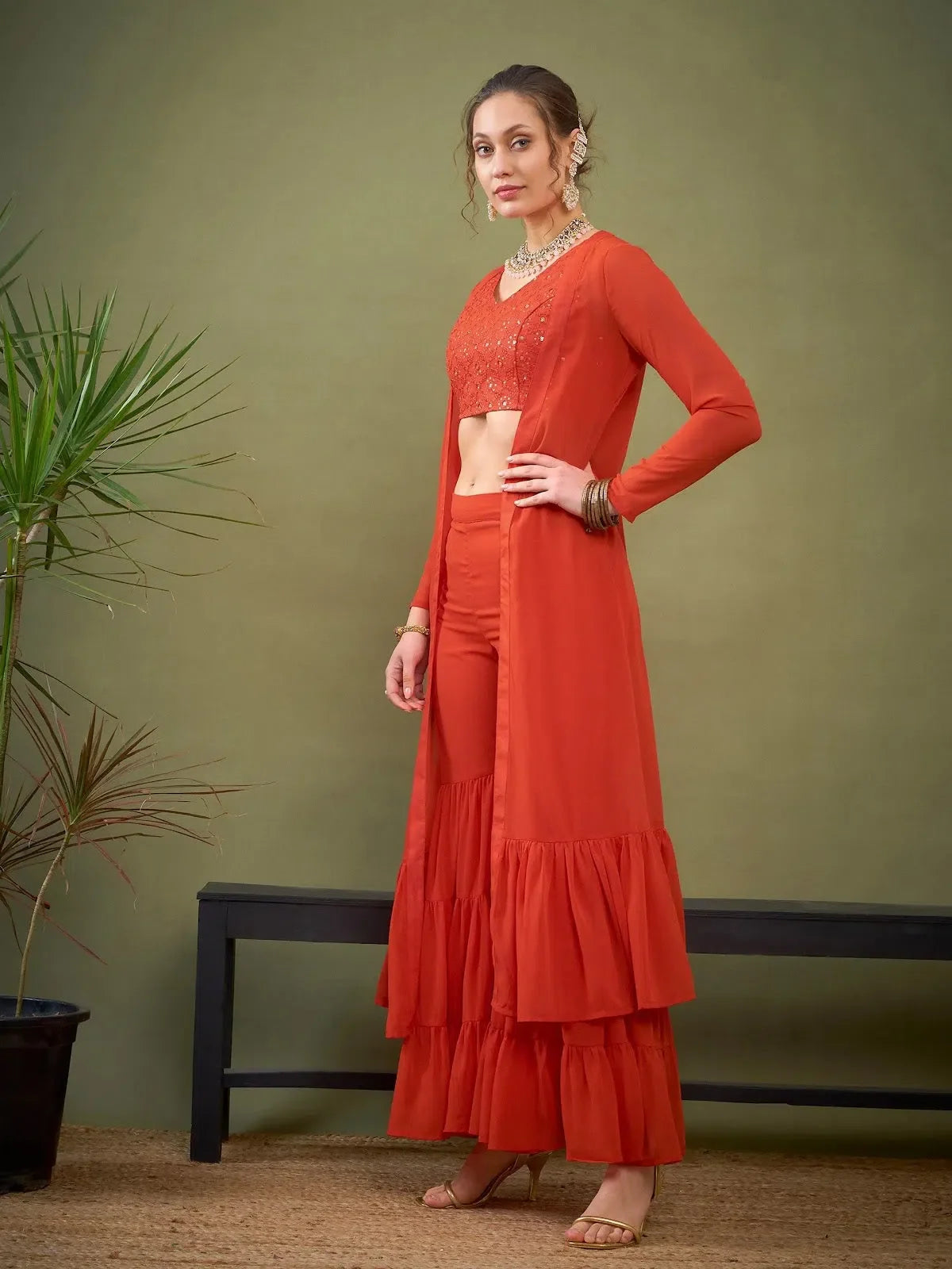 Red Embroidered Crop Top Sharara Suit Set with Shrug | Women