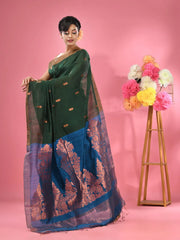 Green Cotton Blend Handwoven Saree With Texture Motifs-MA51BCT431270020