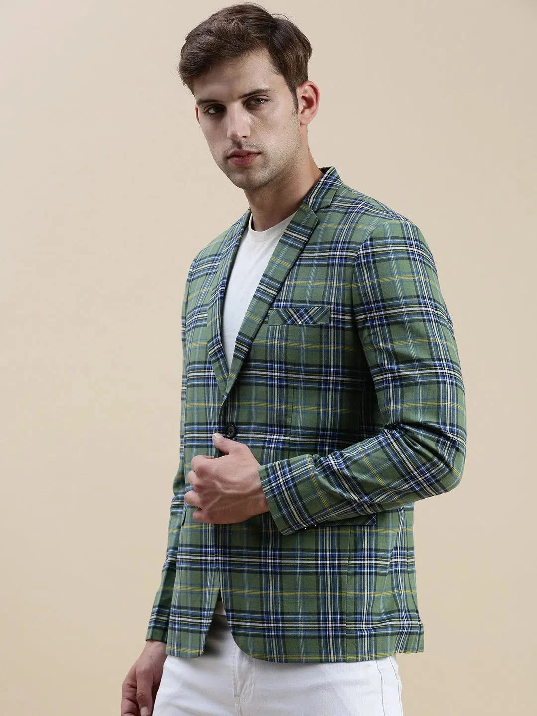 Green Checked Cotton Blazer | Trendy Men's Ethnic Wear