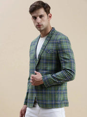 Men Green Checked Notched Lapel Blazer-SOBLZ-022-1-Green