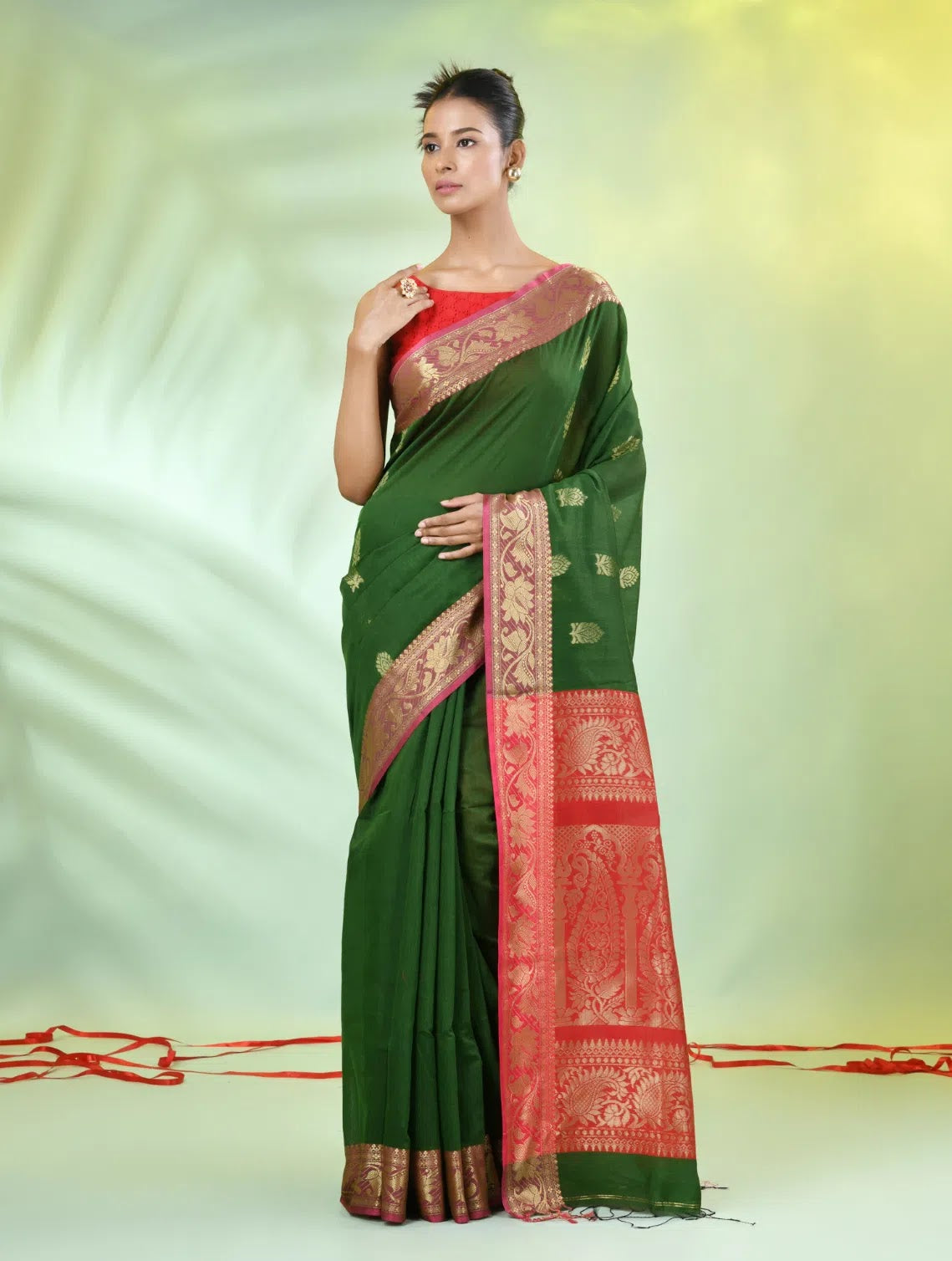 Green Cotton Indian Sari with Nakshi Zari Borders
