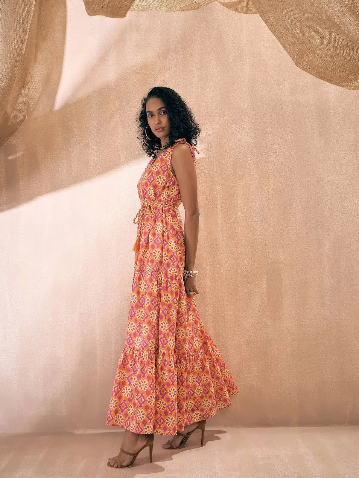 Orange Ikat Print Tiered Maxi Dress | Indian Dresses Online Orange / L Orange Ikat Print Tiered Maxi Dress | Indian Dresses Online Orange / L