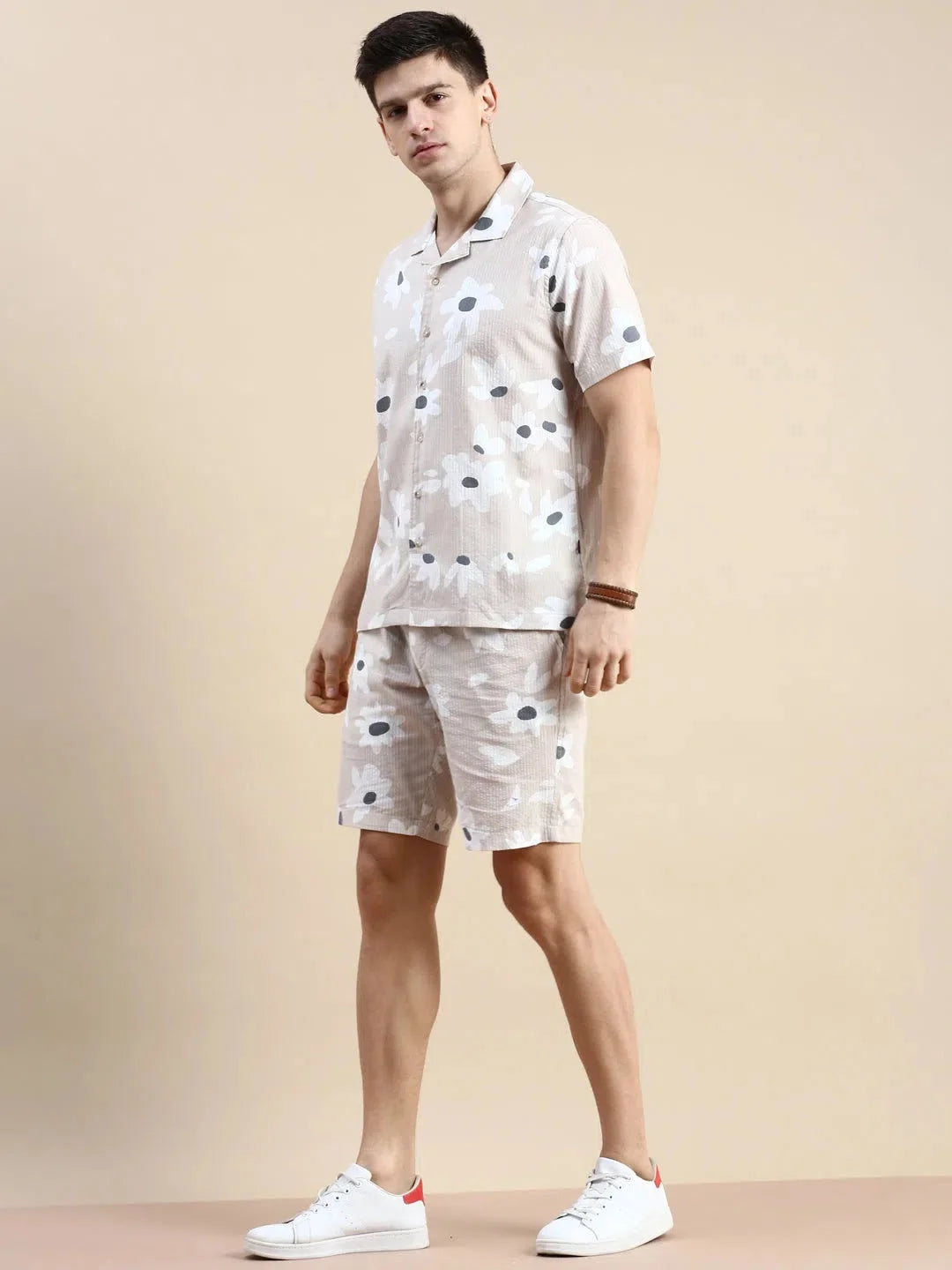 Mens Beige Printed Casual Co ord Set - Cotton Two Piece Sets