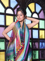 Bottle Green And Multicolor Colorblocked Mulmul Cotton Saree-MA64MCT33770057