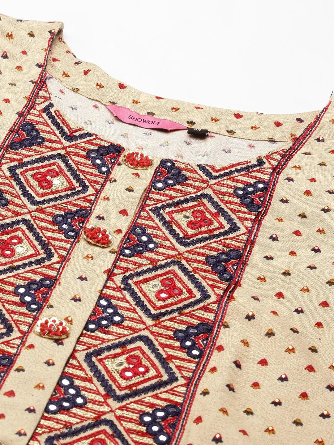 Beige Embellished Cotton Anarkali Kurti | DesiQlo