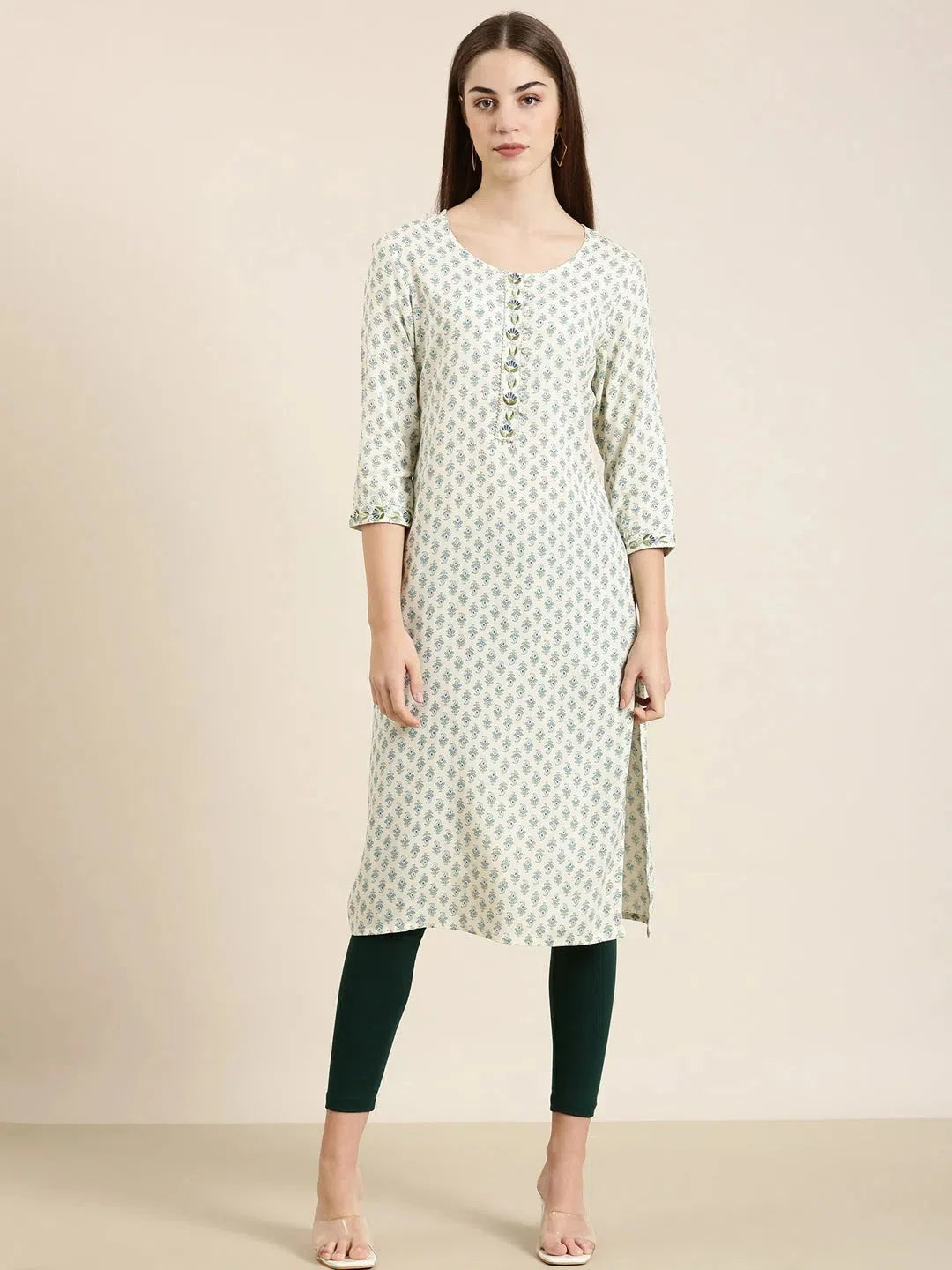 Off White Paisley Cotton Indian Kurta Ladies - DesiQlo