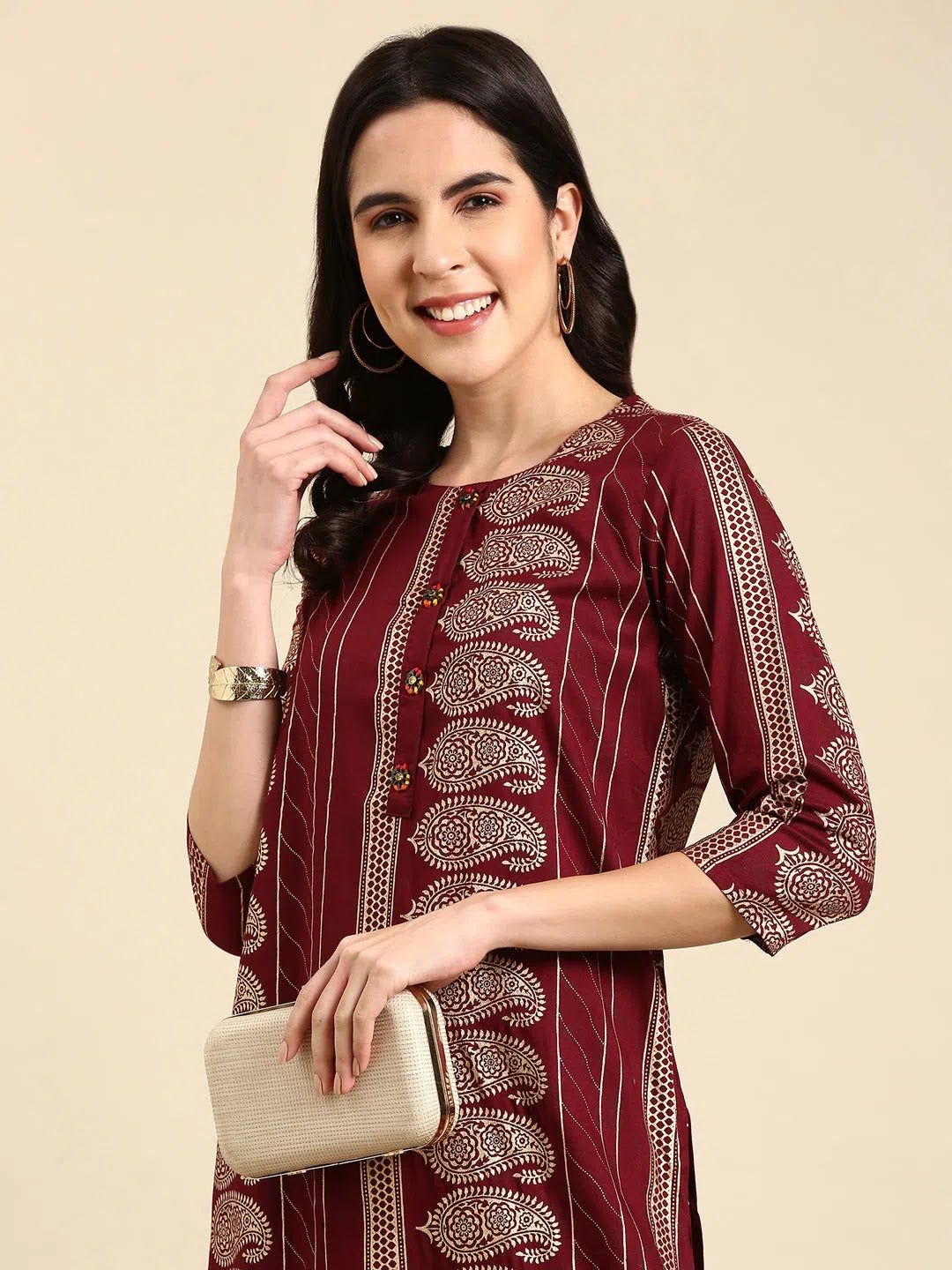 Burgundy Printed Kurta: Women's Cotton Indian Kurtas Online