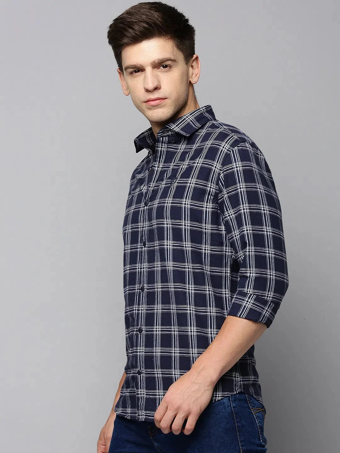 Navy Checked Mens Shirt - Cotton Casual Shirt from DesiQlo