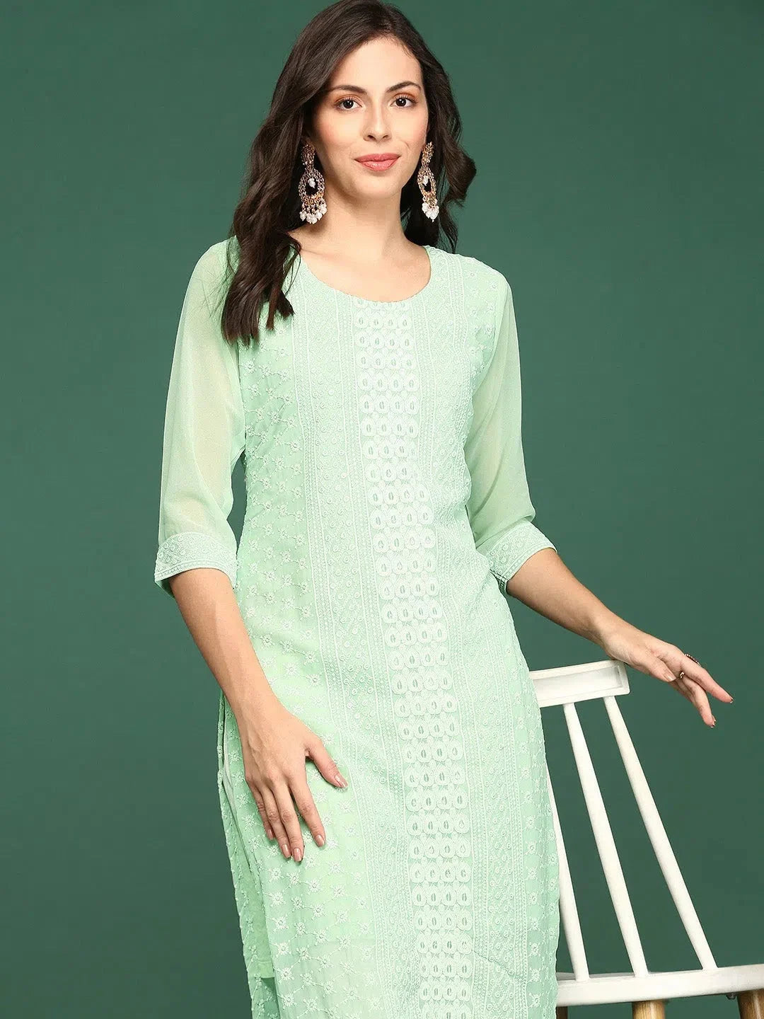 Sea Green Embellished Polyester Indian Kurta for Women