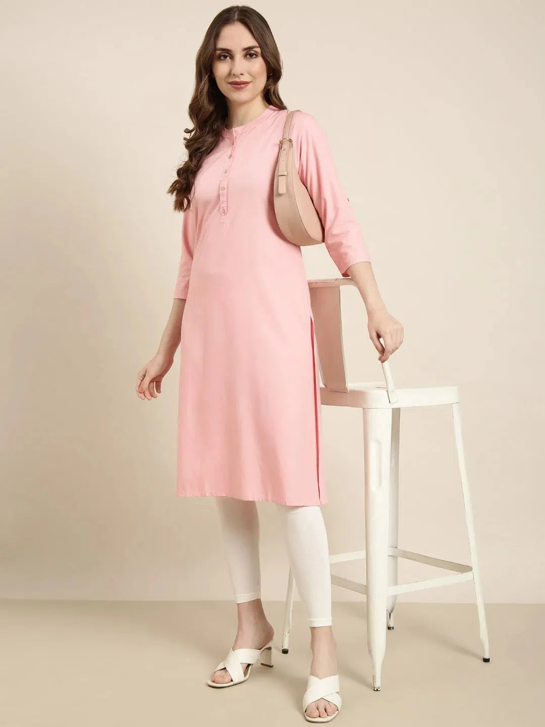 Women Straight Pink Solid Kurta-DF-1385-Pink