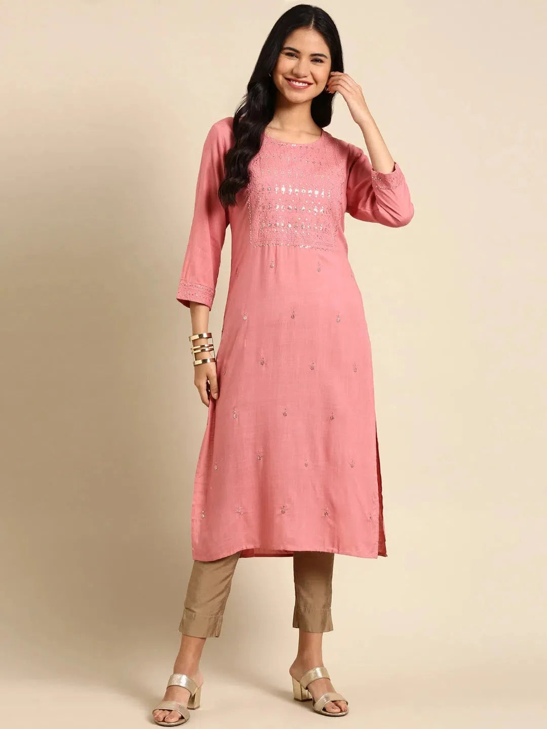 DesiQlo Pink Solid Kurta for Women | Polyester Indian Kurtis