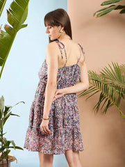 Women Navy Ditsy Floral Strappy Short Ruffle Dress