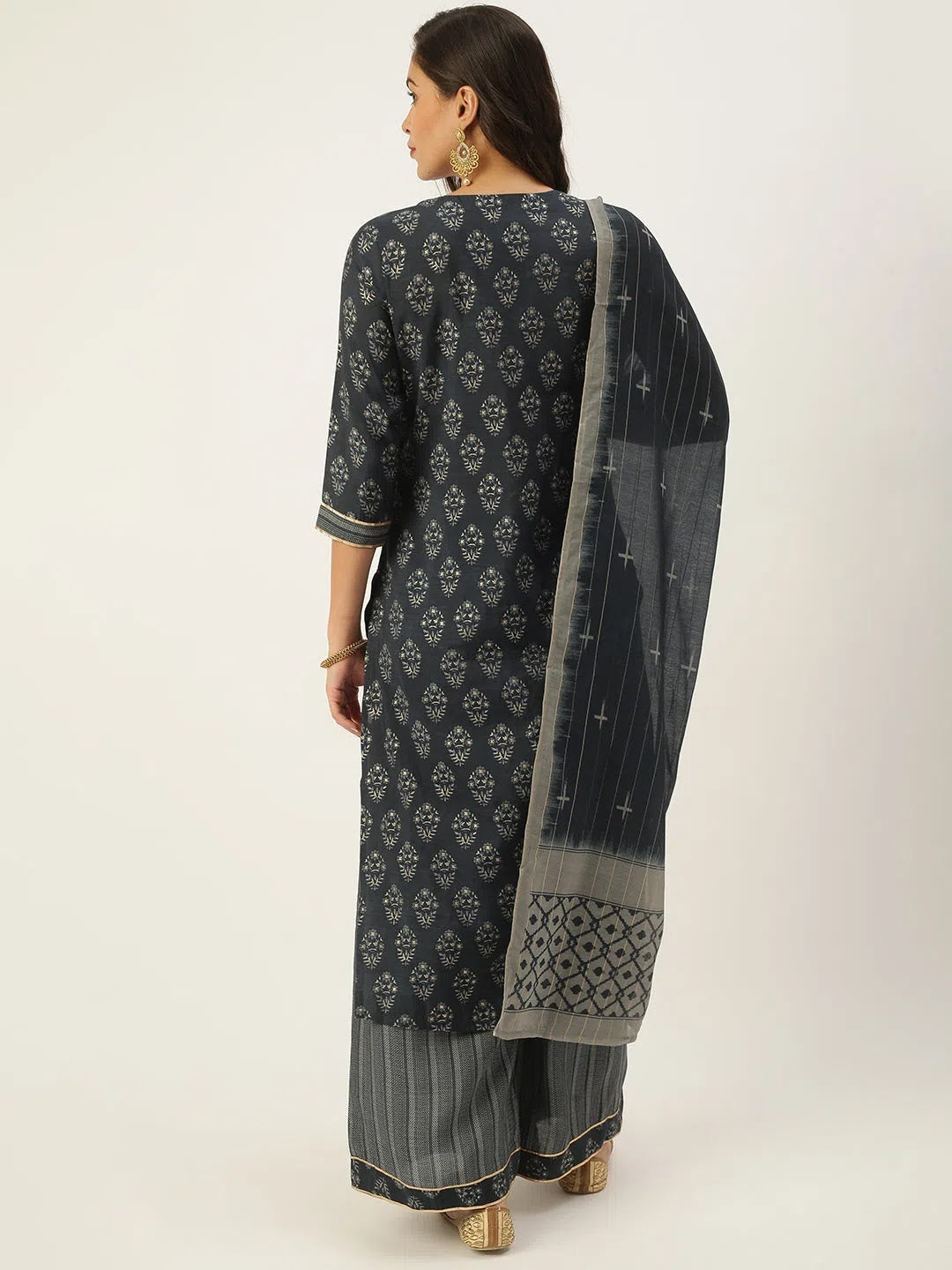 Navy Blue Floral Cotton Women's Kurta Sets | Showoff