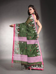 Moss Green Cotton Silk Saree With Texture Border-MA54CTSL33610106