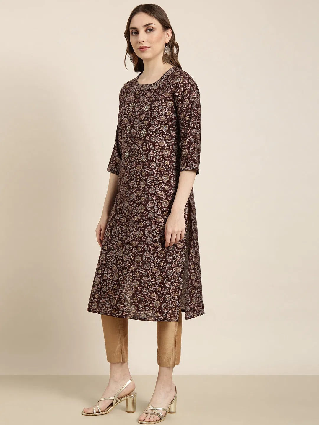 Brown Floral Cotton Kurta - Stylish Indian Kurta for Ladies