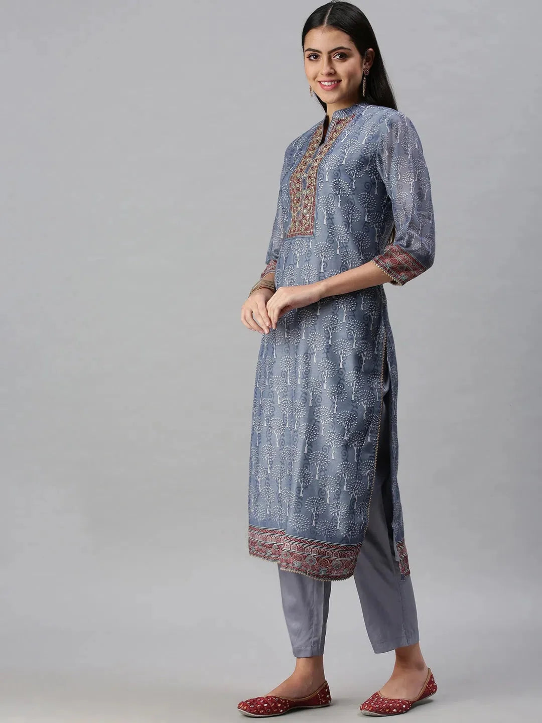 Grey & Blue Cotton Kurta Sets | Women's Indian Kurta Sets