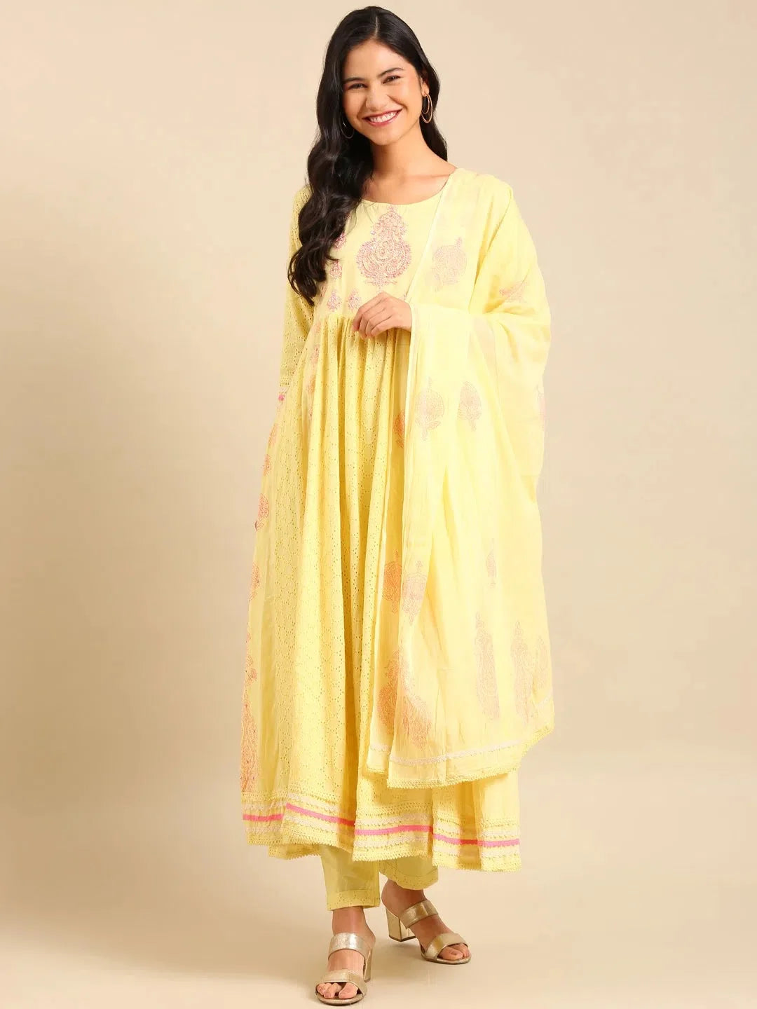 Yellow Embroidered Kurta Set | Cotton Women's Kurta Sets