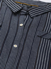 Women Navy Blue Striped A-Line Kurta-DF-1598-Navyblue