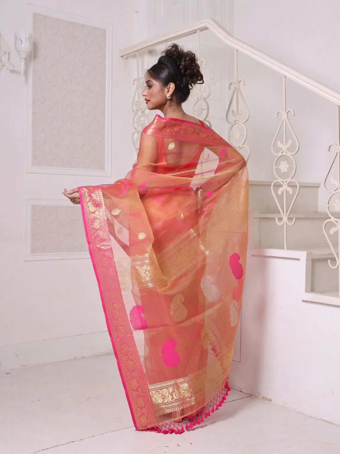 Orange Linen Saree with Zari Border | Designer Sarees India