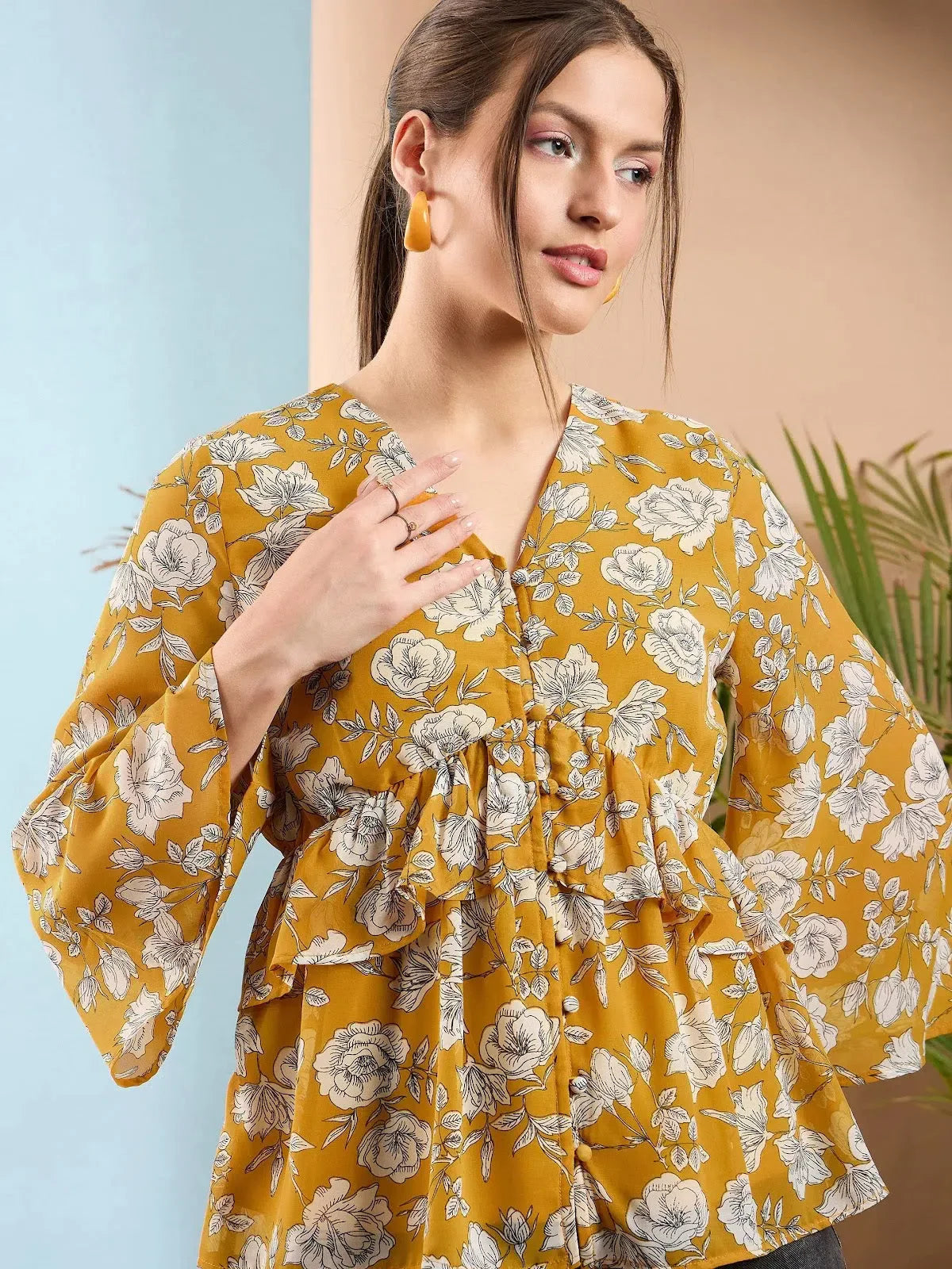 Yellow Floral Peplum Top | Women's Western Wear | Frill Design