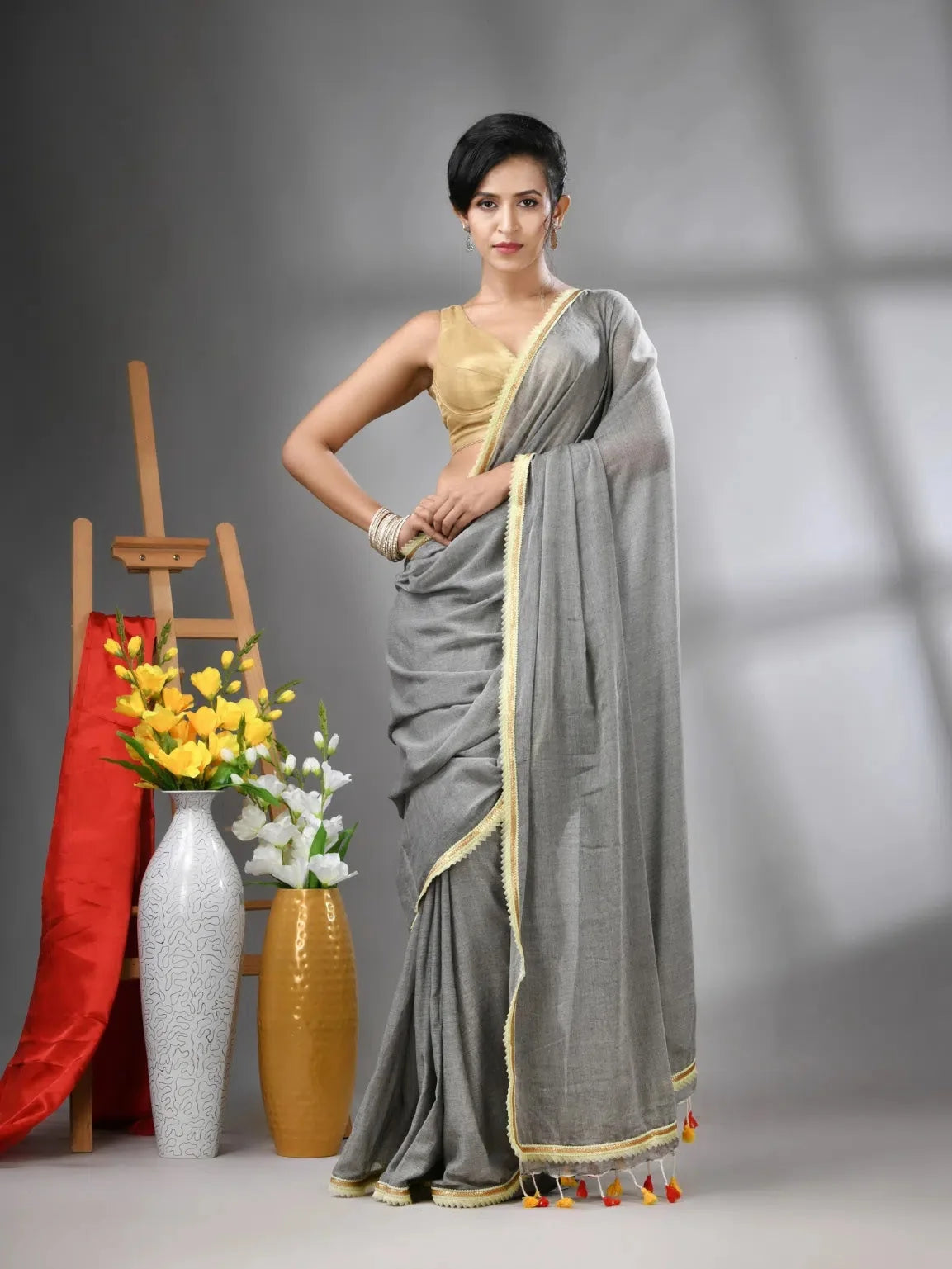 Grey Cotton Saree with Gota Patti - Designer Sarees India