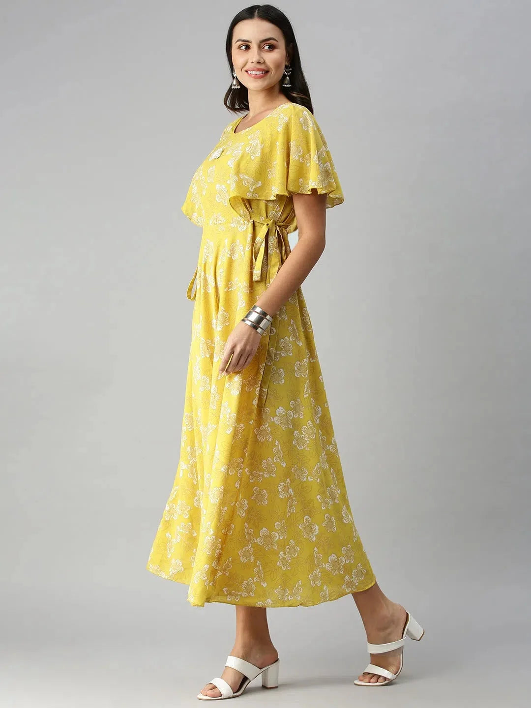 Floral A-Line Kurta: Yellow Nylon Indian Kurta for Women