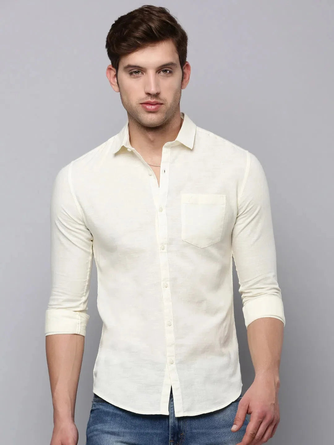 Cream Solid Mens Shirt - Casual Cotton Shirt | DesiQlo