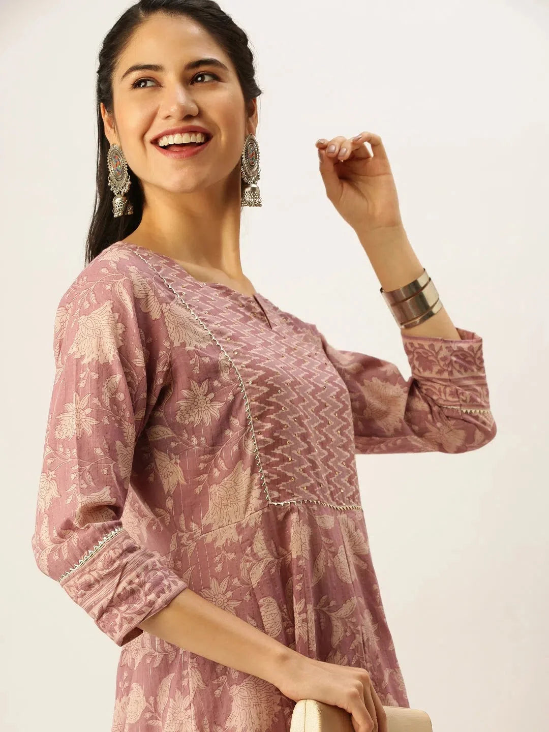 Women's Mauve Floral Printed Cotton Kurta Sets | Showoff