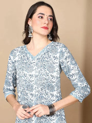 Women White Cotton Printed Anarkali Kurta Pant Set-VKSKD2123